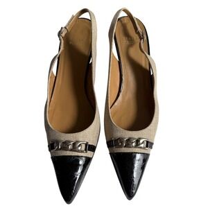 Stuart Weitzman Caprice Virgin Linen & Patent Leather Slingback Kitten Heels 8.5